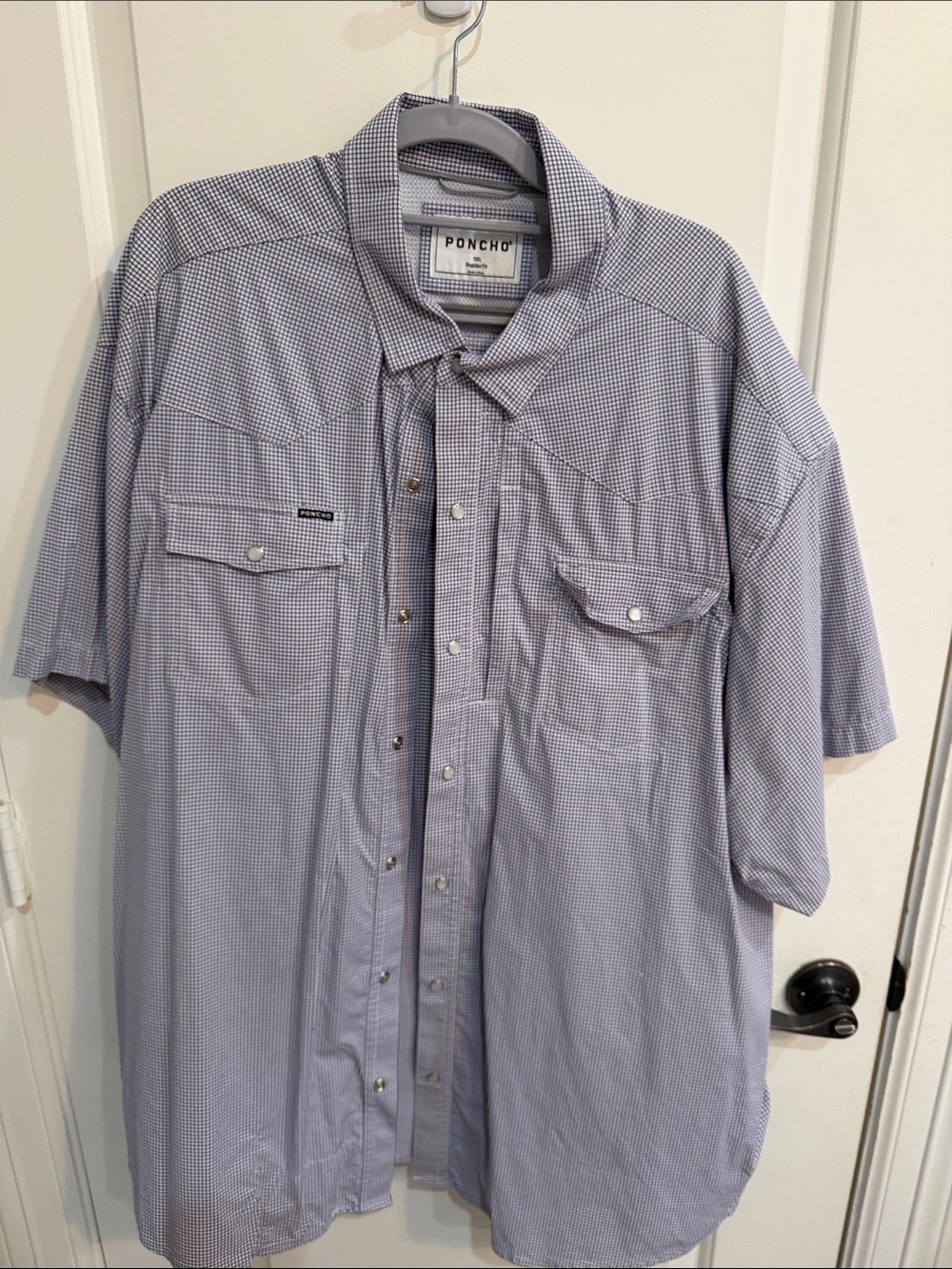 Poncho Men’s Light Blue Micro-Check Short Sleeve Button-Down Shirt
